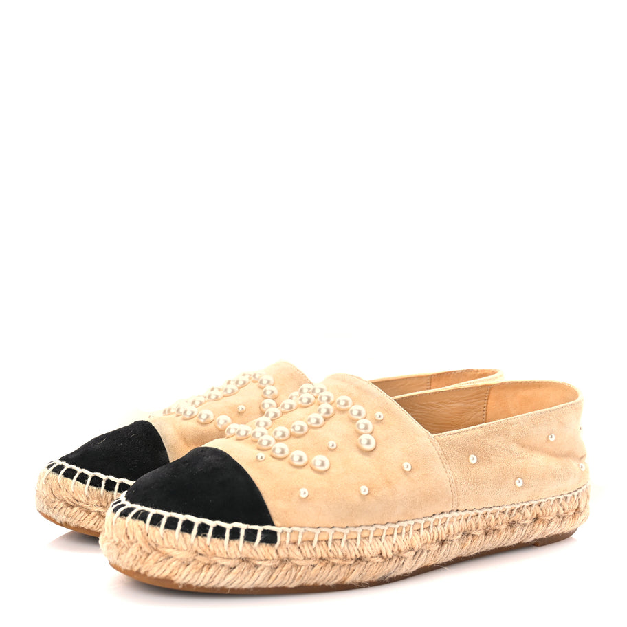 Chanel Suede Pearl CC Espadrilles 37 Beige Black Image 6