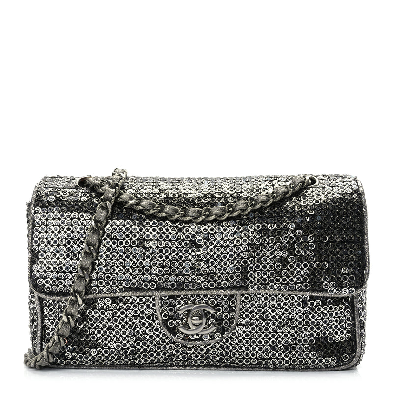  Chanel Sequin Medium Single Flap Dark Silver