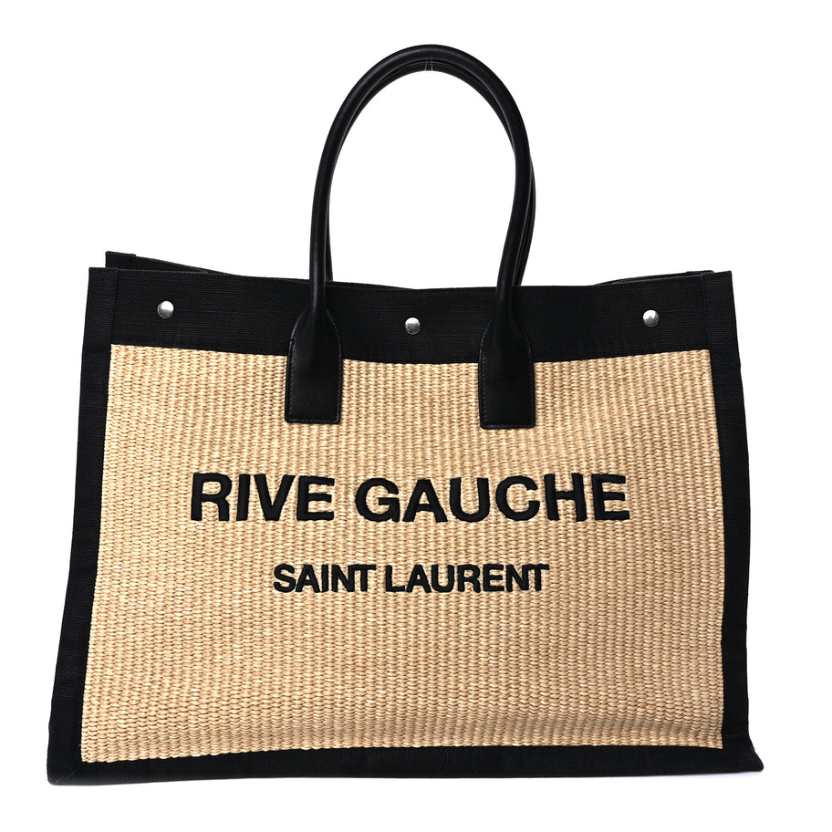 Saint Laurent Raffia Linen Calfskin Rive Gauche Tote  Naturale Black Image 1