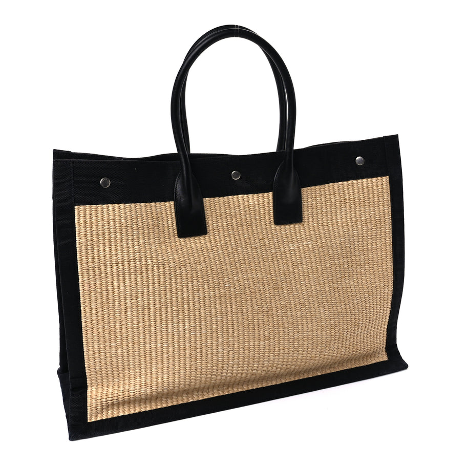 Saint Laurent Raffia Linen Calfskin Rive Gauche Tote  Naturale Black Image 2