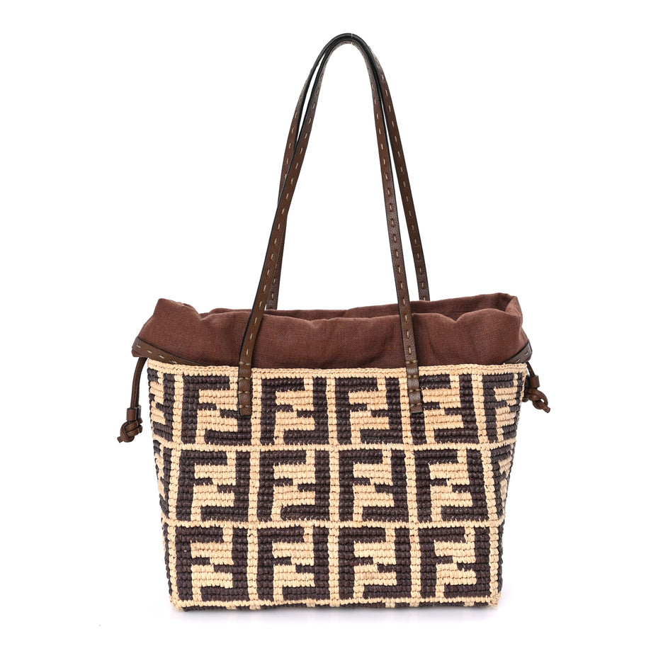 Fendi Raffia Cuoio Romano FF Crochet Small Roll Shopper Natural Dark Honey Image 1