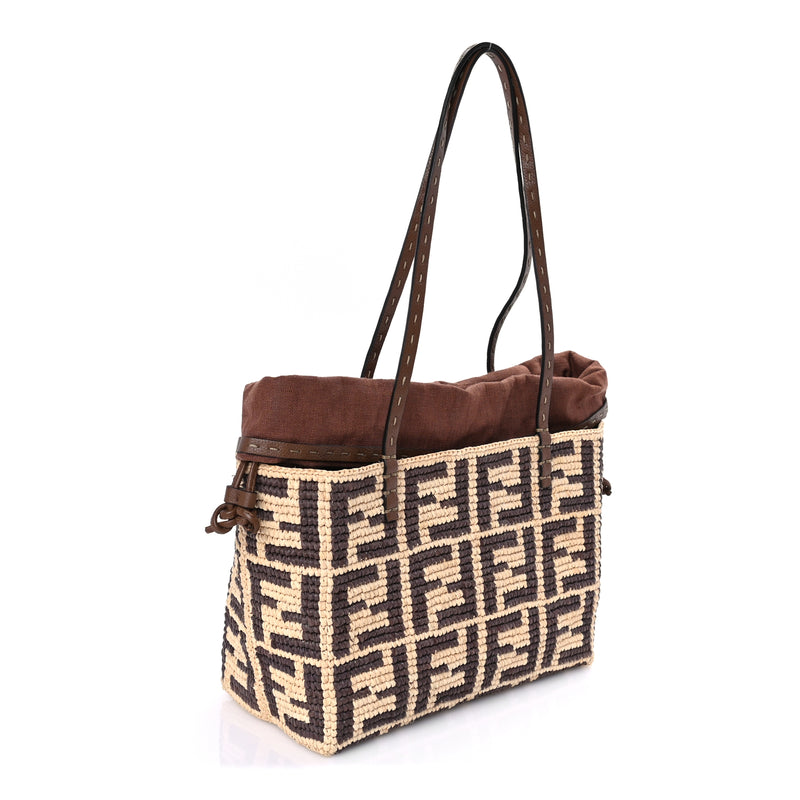  Fendi Raffia Cuoio Romano FF Crochet Small Roll Shopper Natural Dark Honey