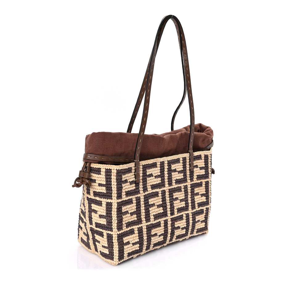 Fendi Raffia Cuoio Romano FF Crochet Small Roll Shopper Natural Dark Honey Image 2