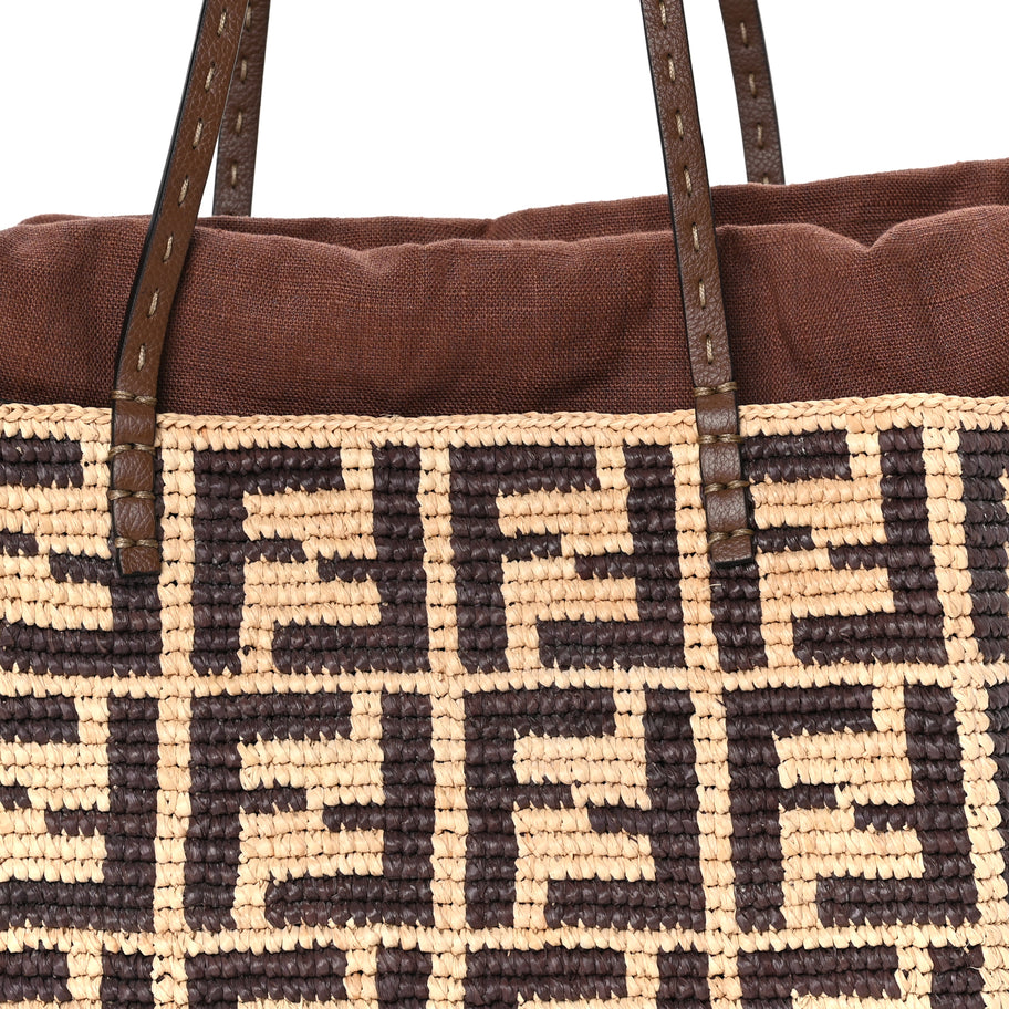 Fendi Raffia Cuoio Romano FF Crochet Small Roll Shopper Natural Dark Honey Image 6