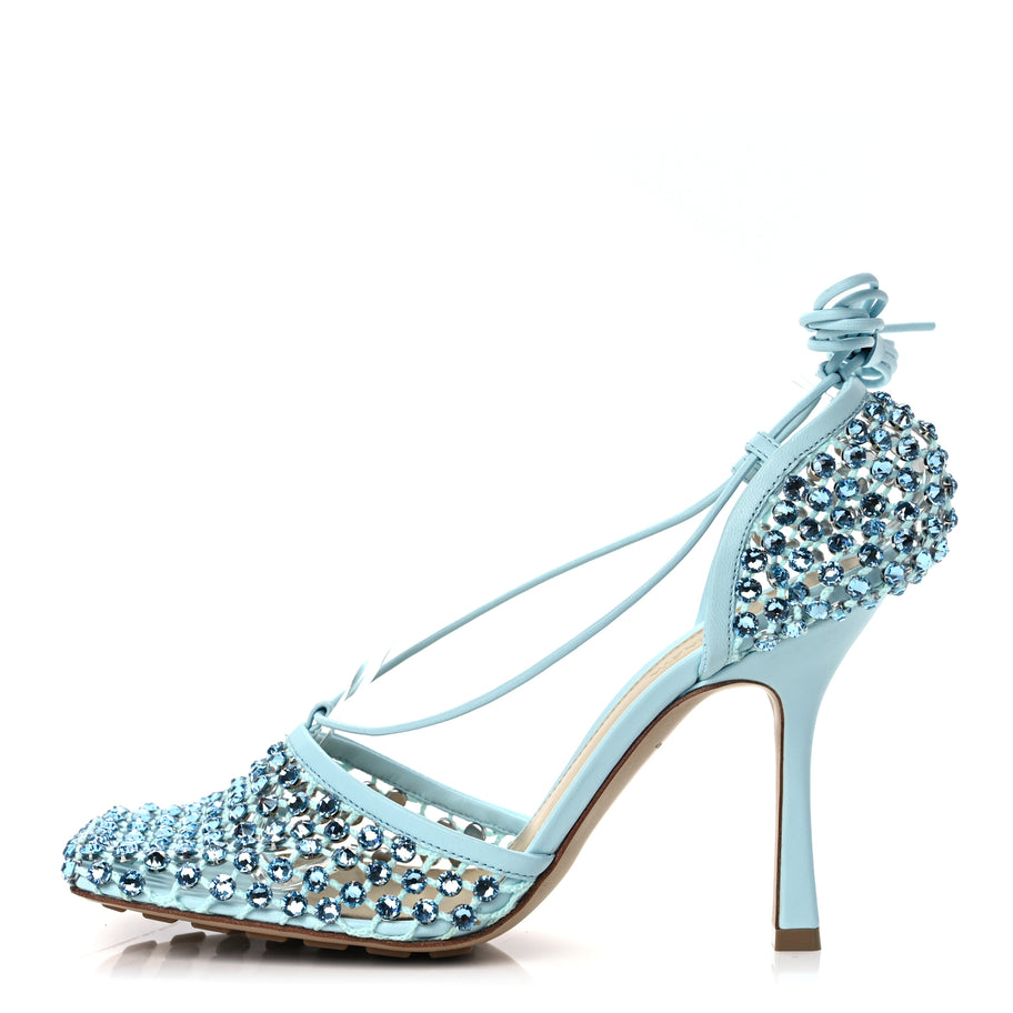 Bottega Veneta Mesh Nappa Crystal Embellished Sparkle Stretch Ankle Tie 90mm Sandals 40 Pale Blue Image 1