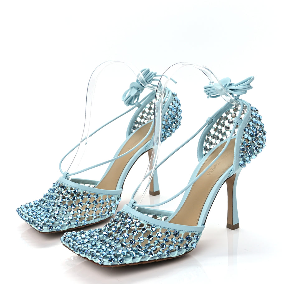 Bottega Veneta Mesh Nappa Crystal Embellished Sparkle Stretch Ankle Tie 90mm Sandals 40 Pale Blue Image 4
