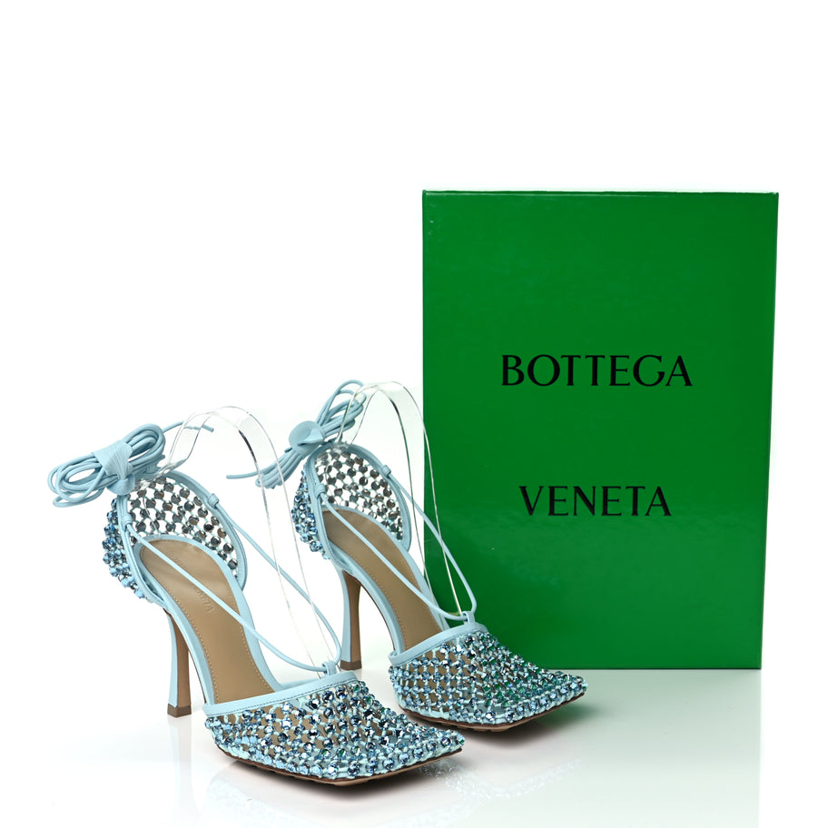 Bottega Veneta Mesh Nappa Crystal Embellished Sparkle Stretch Ankle Tie 90mm Sandals 40 Pale Blue Image 9