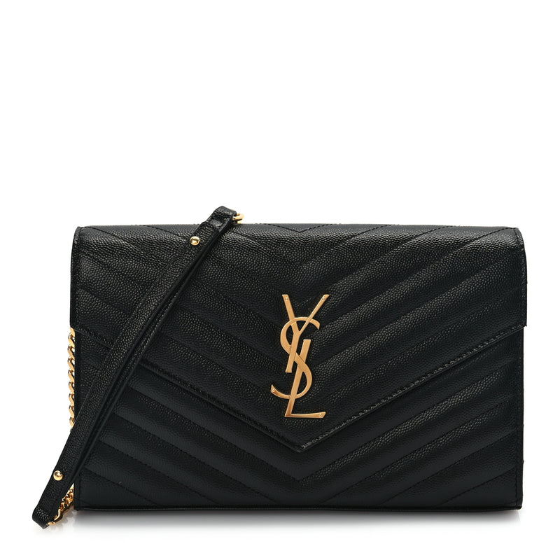  Saint Laurent Grain De Poudre Matelasse Chevron Monogram Chain Wallet Black