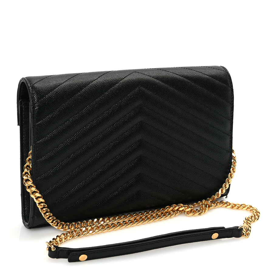 Saint Laurent Grain De Poudre Matelasse Chevron Monogram Chain Wallet Black Image 2
