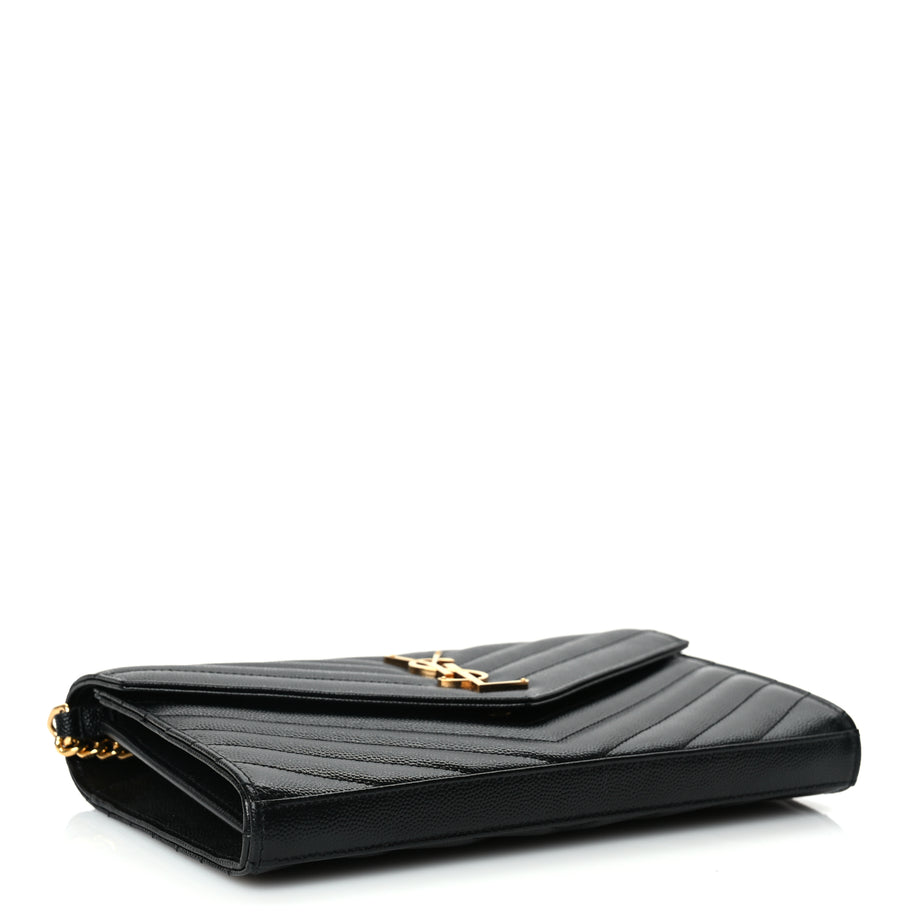 Saint Laurent Grain De Poudre Matelasse Chevron Monogram Chain Wallet Black Image 3