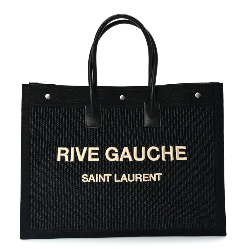  Saint Laurent Raffia Linen Calfskin Rive Gauche Tote  Black