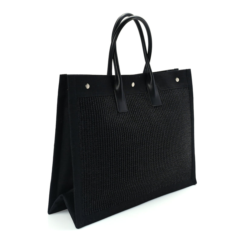  Saint Laurent Raffia Linen Calfskin Rive Gauche Tote  Black