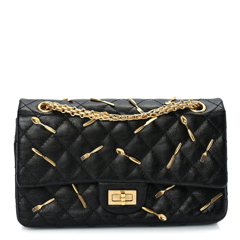  Chanel Calfskin Quilted Spoon Charms Brasserie 2.55 Reissue 225 Flap  Black
