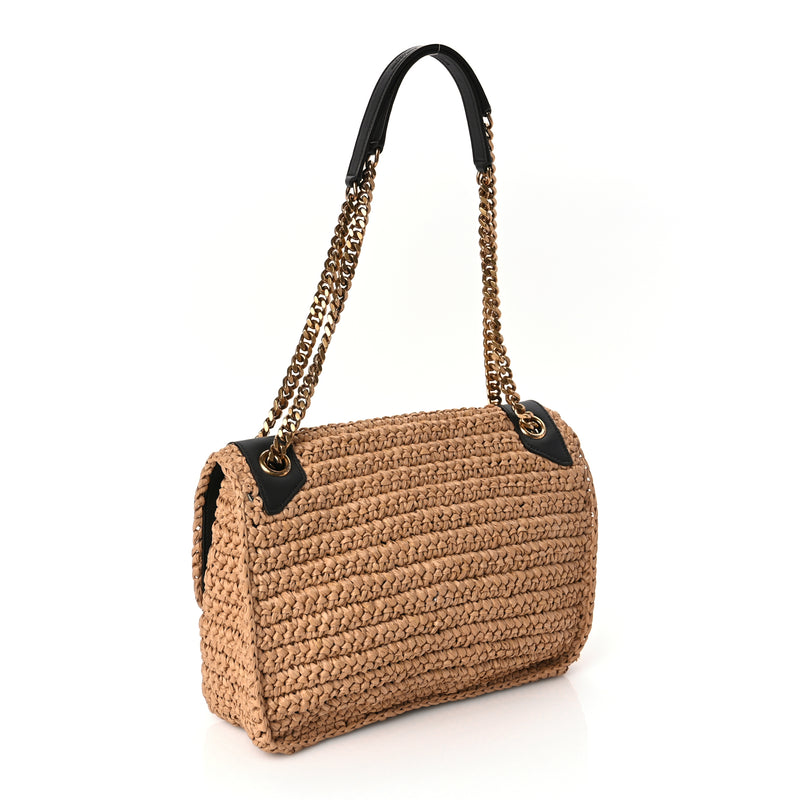  Saint Laurent Raffia Calfskin Monogram Medium Niki Chain Satchel Natural
