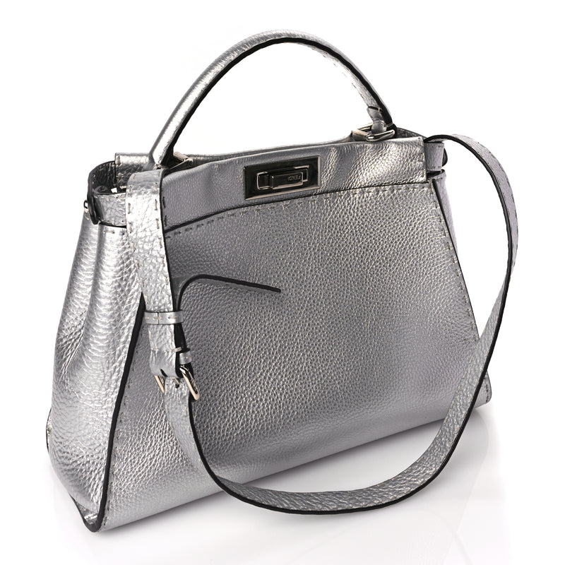  Fendi Cuoio Romano Lux Selleria Medium Peekaboo Iconic Satchel Argento