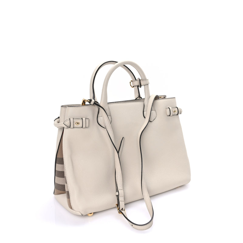  Burberry Derby Calfskin House Check Medium Banner Tote Limestone Limestone