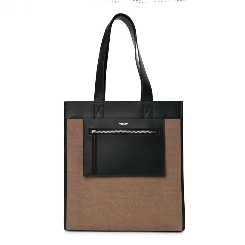  Burberry Canvas Smooth Calfskin Tote  Black Camel