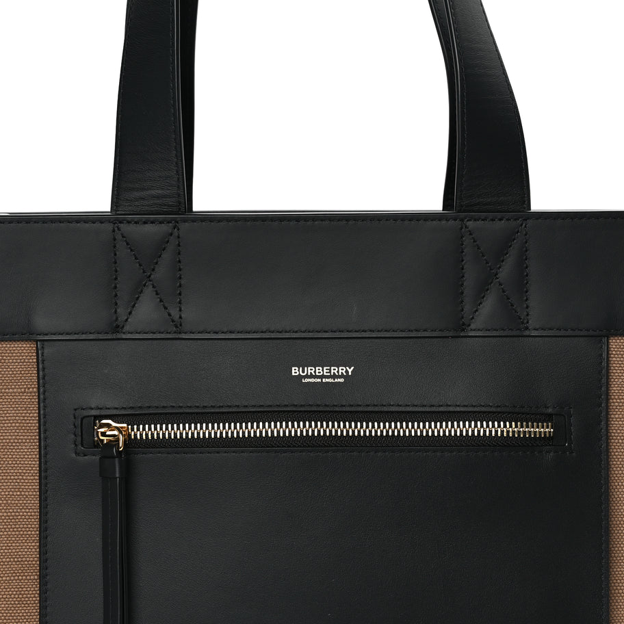 Burberry Canvas Smooth Calfskin Tote  Black Camel Image 6
