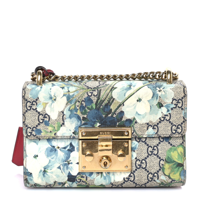  Gucci GG Supreme Monogram Blooms Small Padlock Shoulder Bag  Beige Blue Navy Hibiscus Red