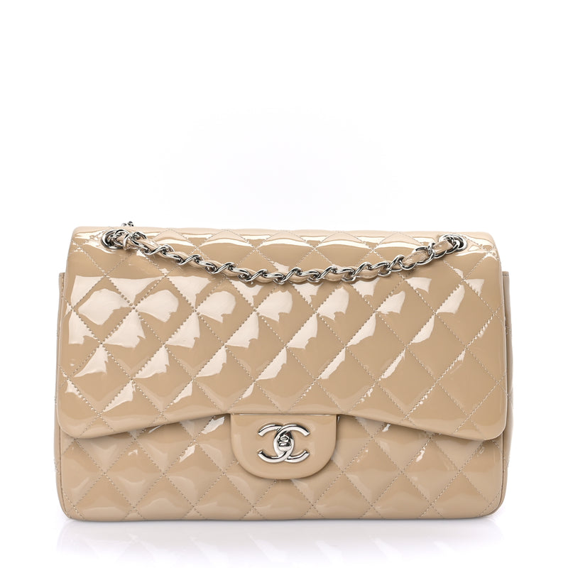  Chanel Patent Quilted Jumbo Double Flap  Beige