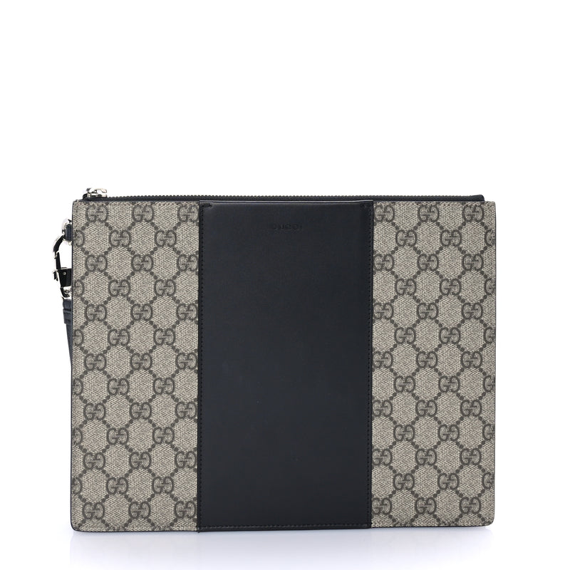  Gucci GG Supreme Monogram Zip Wristlet Pouch Beige Black