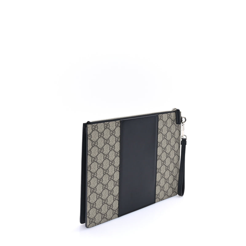  Gucci GG Supreme Monogram Zip Wristlet Pouch Beige Black