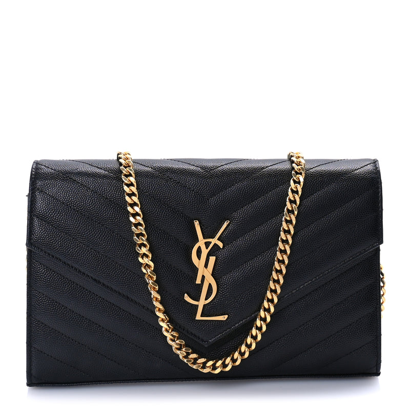  Saint Laurent Saint Laurent Grain De Poudre Matelasse Chevron Medium Monogram Chain Wallet  Black