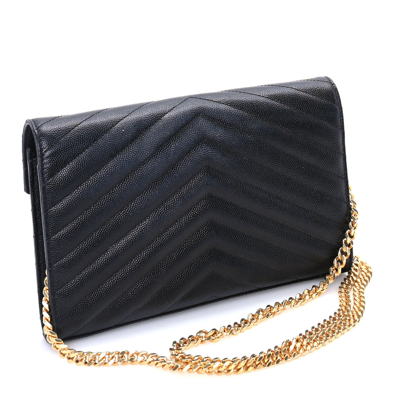  Saint Laurent Saint Laurent Grain De Poudre Matelasse Chevron Medium Monogram Chain Wallet  Black