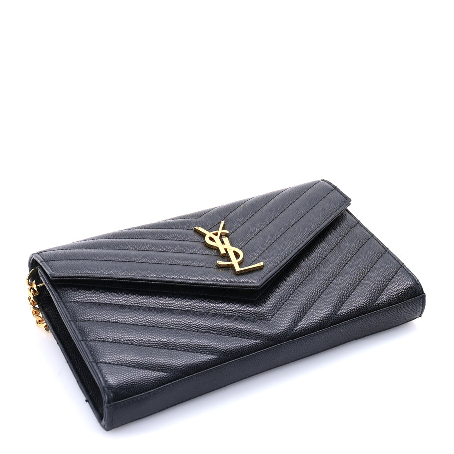 Saint Laurent Saint Laurent Grain De Poudre Matelasse Chevron Medium Monogram Chain Wallet  Black Image 3