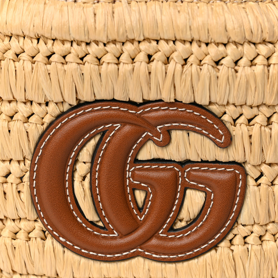 Gucci Raffia Calfskin Woven Mini Bucket Bag Brown Image 6