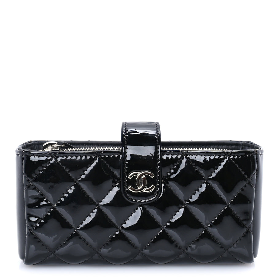 Chanel Patent Quilted Mini Phone Holder Clutch Black Image 1