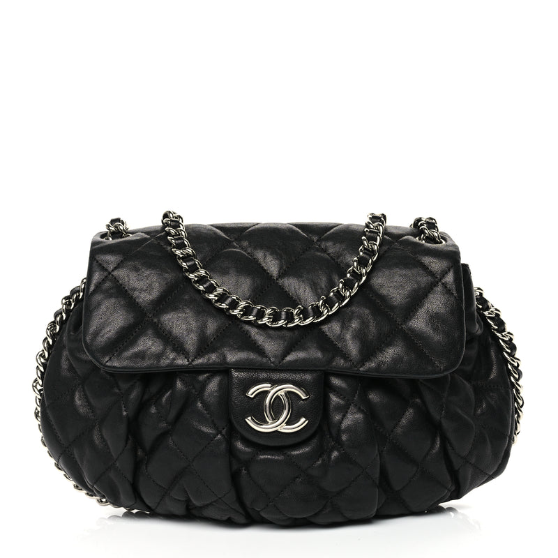  Chanel Washed Lambskin Quilted Medium Chain Around Messenger Black
