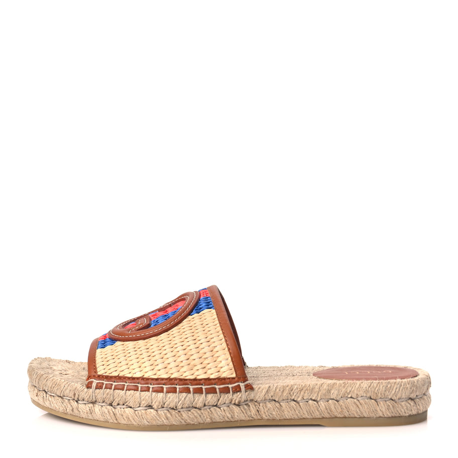 Gucci Raffia Interlocking G Flat Slide Espadrille Sandals 38.5 Harness Brown Image 1