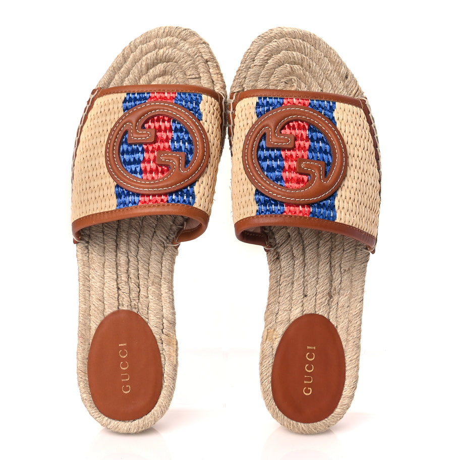 Gucci Raffia Interlocking G Flat Slide Espadrille Sandals 38.5 Harness Brown Image 2