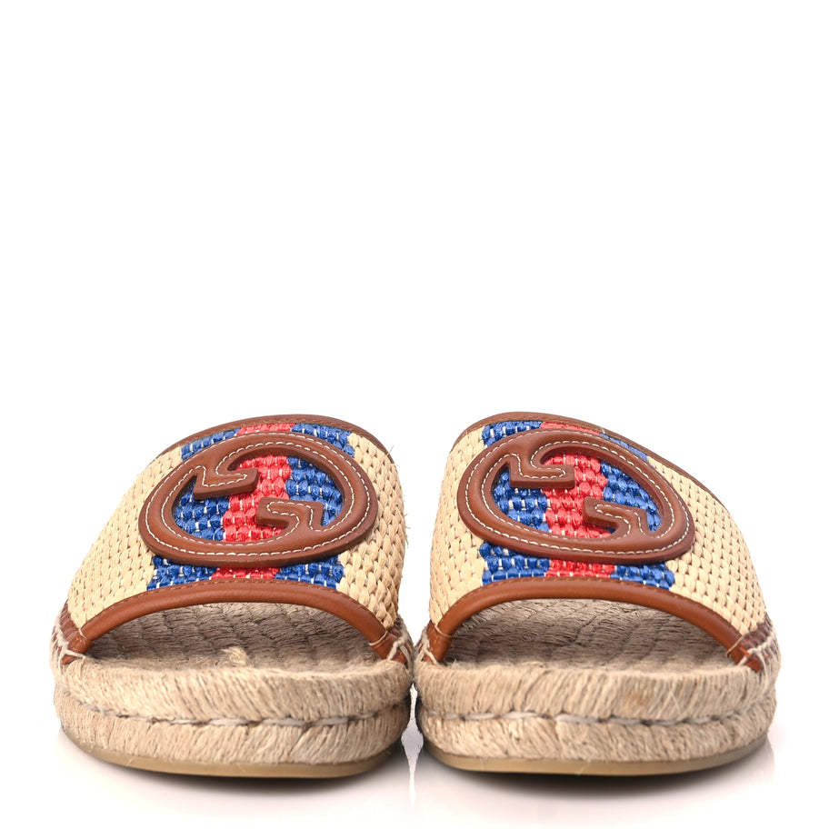 Gucci Raffia Interlocking G Flat Slide Espadrille Sandals 38.5 Harness Brown Image 3