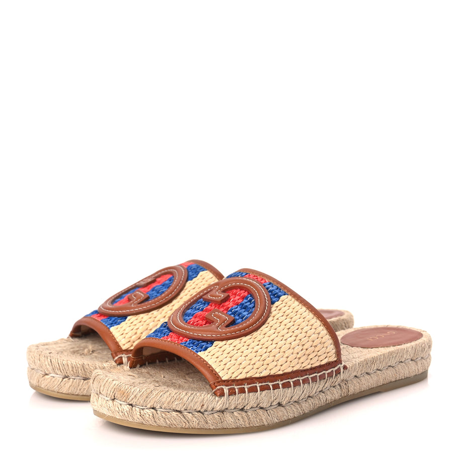 Gucci Raffia Interlocking G Flat Slide Espadrille Sandals 38.5 Harness Brown Image 4