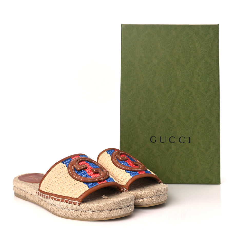 Gucci Raffia Interlocking G Flat Slide Espadrille Sandals 38.5 Harness Brown Image 9