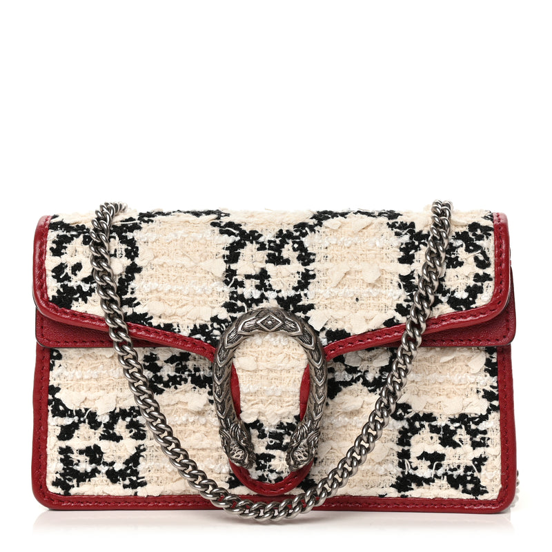  Gucci Tweed GG Monogram Super Mini Dionysus Shoulder Bag White Black Romantic Cherry