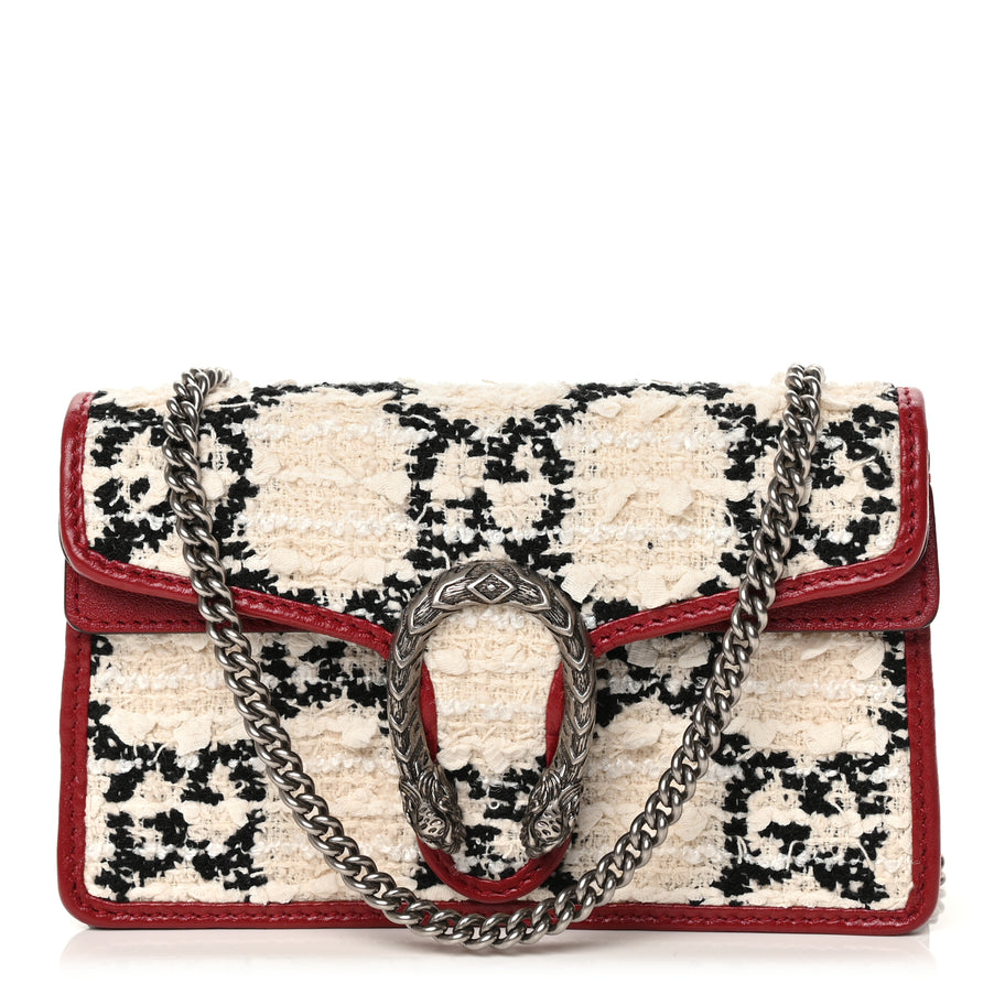Gucci Tweed GG Monogram Super Mini Dionysus Shoulder Bag White Black Romantic Cherry Image 1
