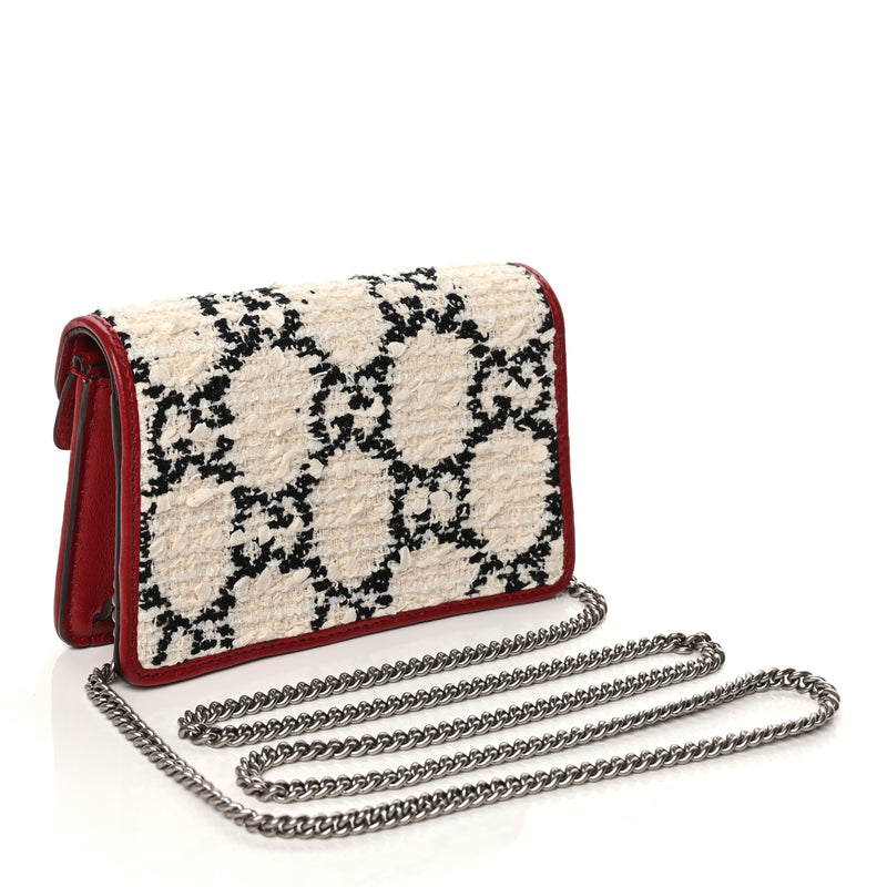  Gucci Tweed GG Monogram Super Mini Dionysus Shoulder Bag White Black Romantic Cherry