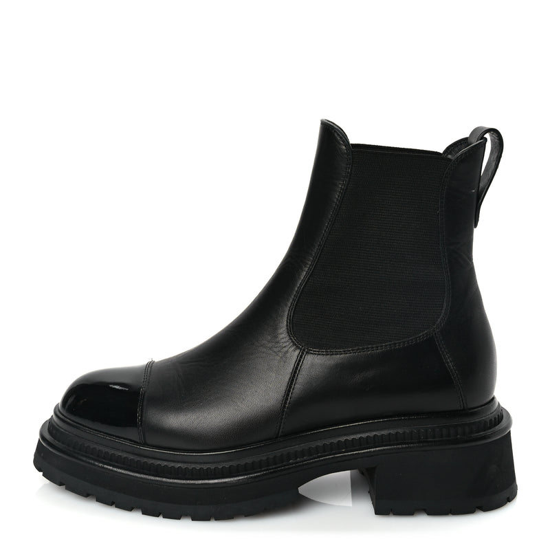  Chanel Calfskin Patent Cap Toe Ankle Boots 37 Black