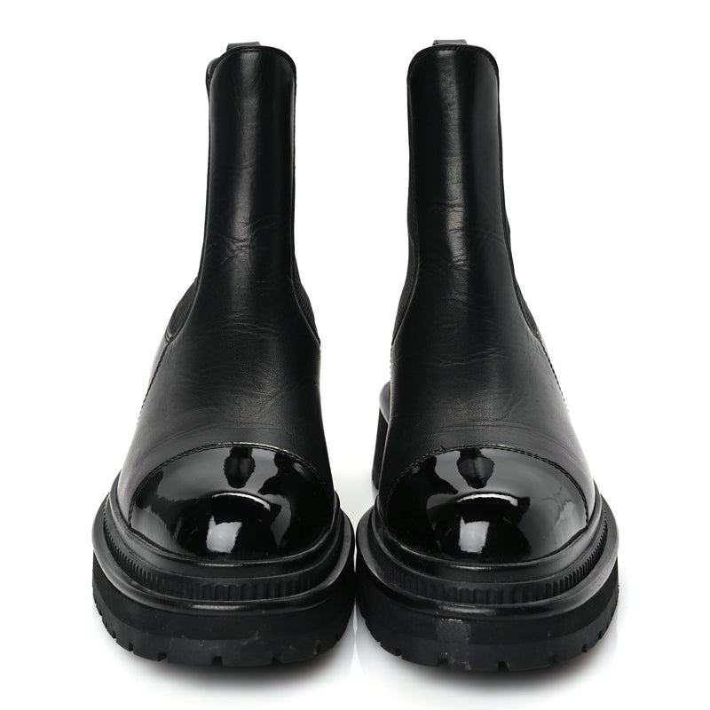  Chanel Calfskin Patent Cap Toe Ankle Boots 37 Black