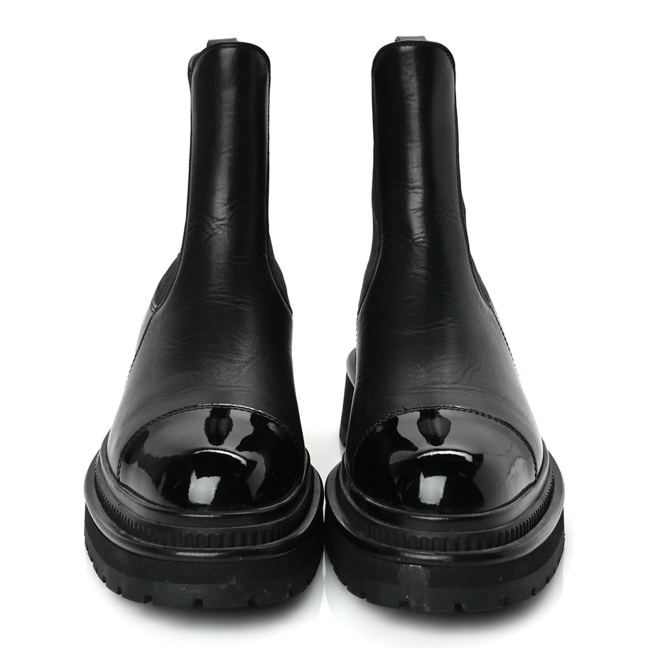Chanel Calfskin Patent Cap Toe Ankle Boots 37 Black Image 2