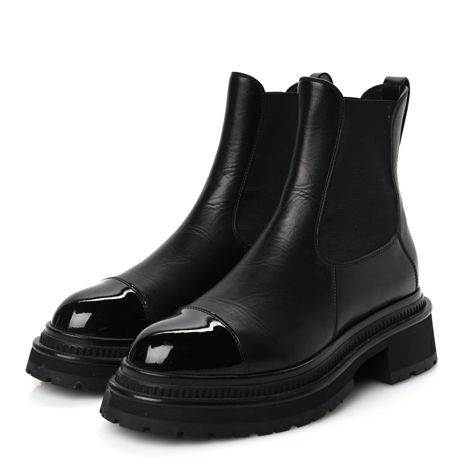 Chanel Calfskin Patent Cap Toe Ankle Boots 37 Black Image 3
