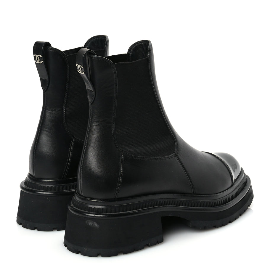 Chanel Calfskin Patent Cap Toe Ankle Boots 37 Black Image 4