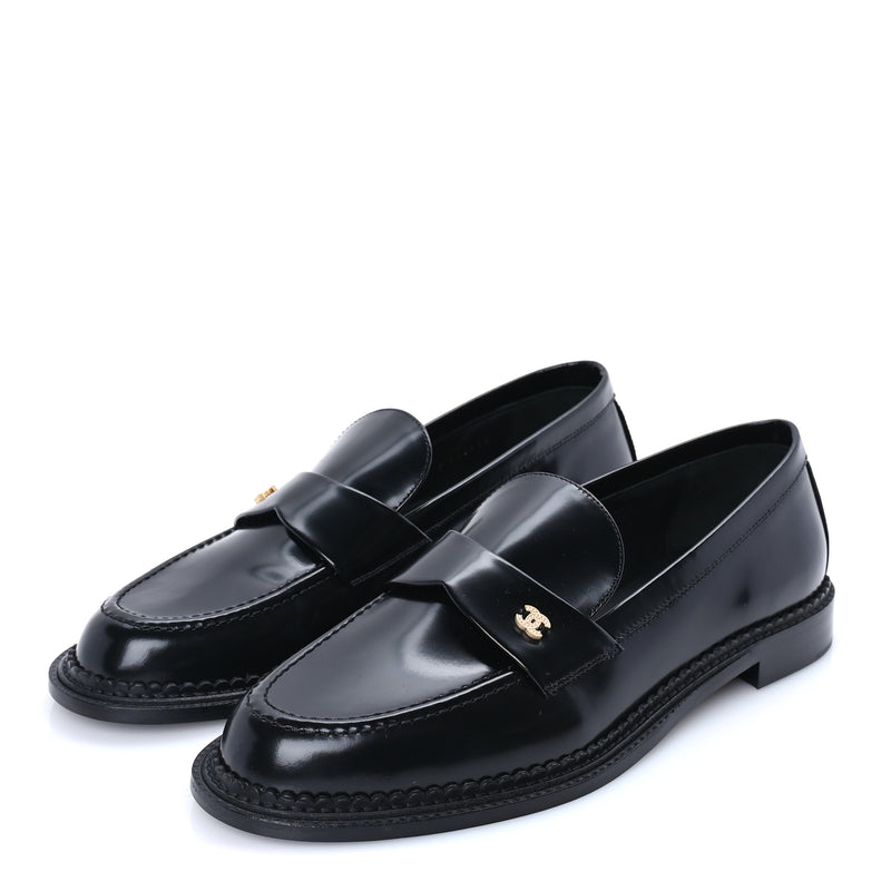  Chanel Shiny Calfskin CC Loafers 42  Black