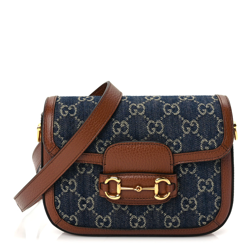  Gucci New Denim GG Monogram Dollar Calfskin Web Mini Horsebit 1955 Shoulder Bag Blue Tea Cuir Epilog