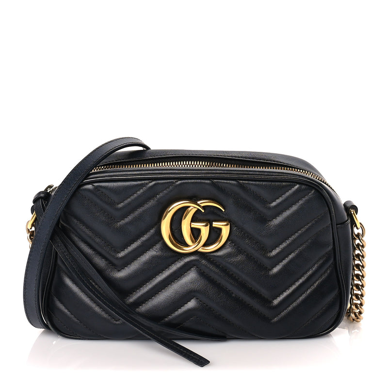  Gucci Calfskin Matelasse Small GG Marmont Chain Shoulder Bag  Black