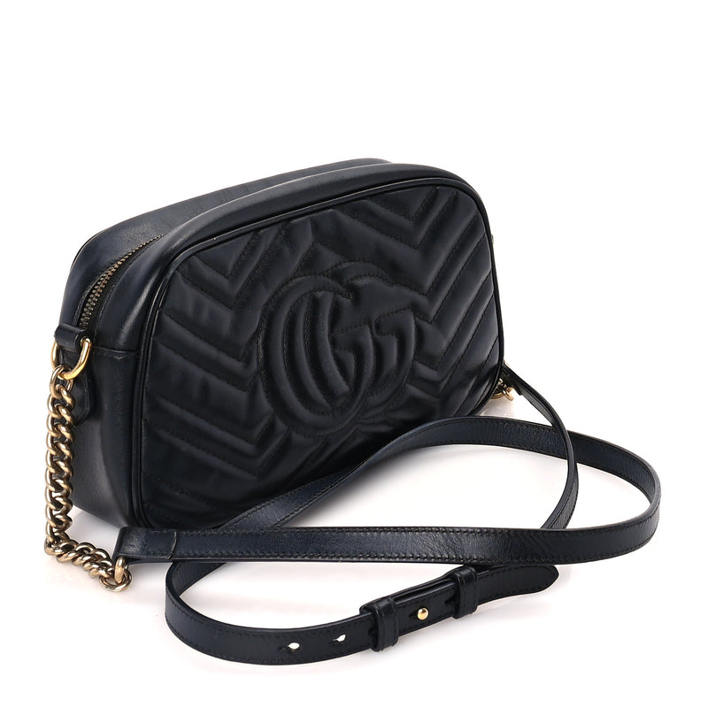  Gucci Calfskin Matelasse Small GG Marmont Chain Shoulder Bag  Black