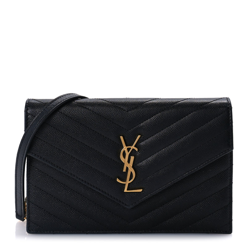  Saint Laurent Grain De Poudre Matelasse Chevron Monogram Envelope Chain Wallet Black